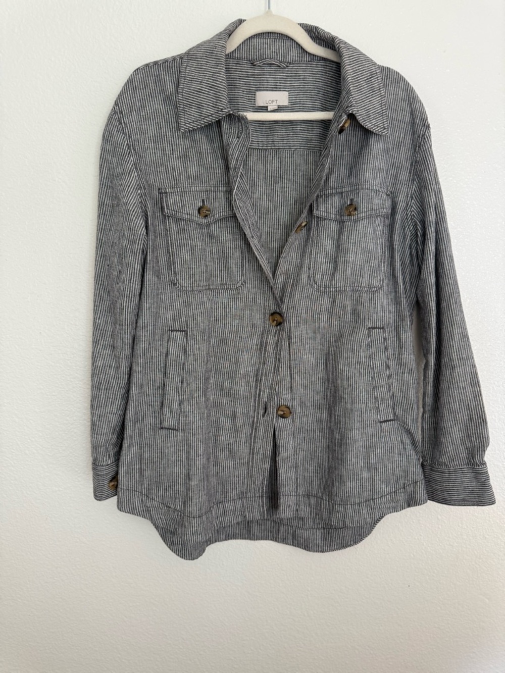 LOFT Gray Pinstripe Utility Jacket with Button Front
